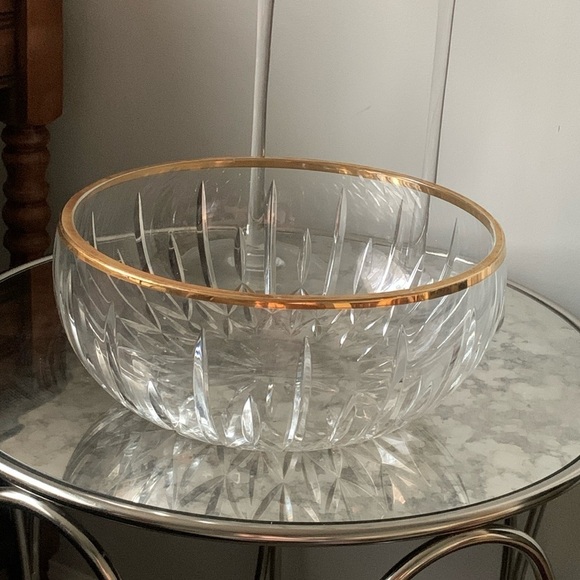 Vintage Cut Crystal Serving Bowl Gold Band Rim, Gorgeous Optic Cut‎ Heavy bloock - Picture 1 of 6